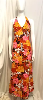 Vintage Hookano Hawaiian Barkcloth Dress Bright Floral Halter Size XS/S Sz 8 Exc • $119.99