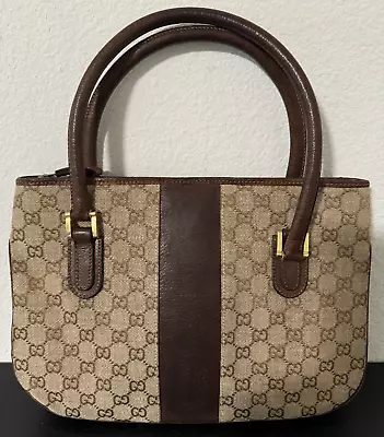 Gucci GG Canvas Monogram Brown Leather Tote Shoulder Bag Vintage • $279.99