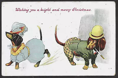 Artist Drawn Old Postcard Anthropomorphic Dressed Dachshund Dogs • £3.99