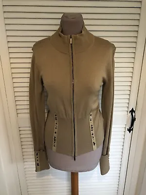 Karen Millen Camel Fine Knit Zipped Cardigan With Studs Size Med • £14.95