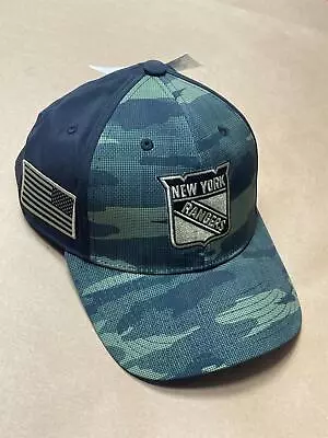 ADIDAS NHL NY Rangers Black & Camo Stretch Fitted Hat S/M W/ American Flag USA • $25.99