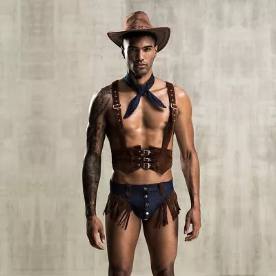 Wild West Cowboy Lingerie Set Fancy Dress Costume With Hat Brown Waistcoat Thong • $57.99