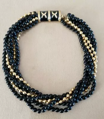 Vintage 80's Multi-strand Necklace Black & Gold Bead Enamel X Clasp W/snap 16  • $14.95