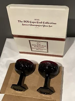 AVON 1876 Cape Cod Collection Ruby Red Saucer Champagne Glass Set NIB 2 Glasses • $13.50