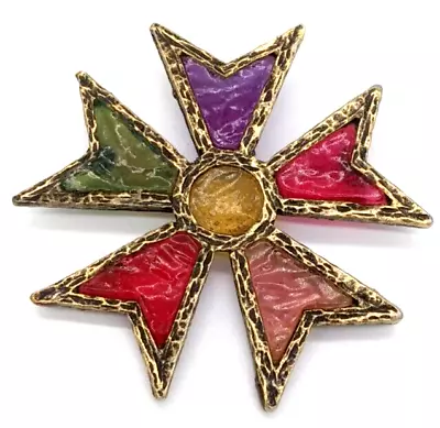 Vintage Plique A Jour Stained Glass Maltese Cross Pin Brooch • $75.99