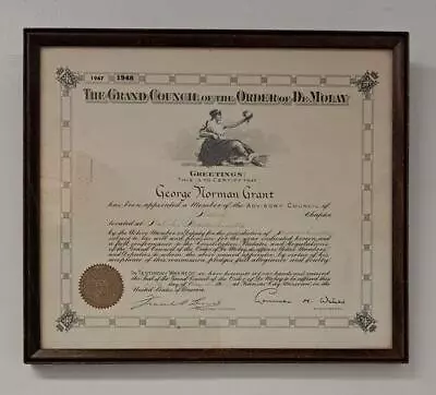 1947 Order Of DeMolay Grand Council Framed Advisory Council Member Certificate • $14.95