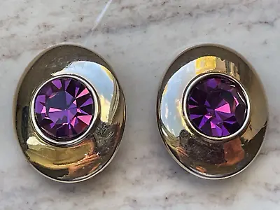 Vtg S.A.L. Swavorski Purple Crystal Clip-on Earrings Gold Tone Oval Round • $28.99