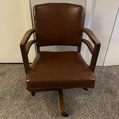 Vintage MCM Brown Leather Swivel Office Bankers Chair • $650