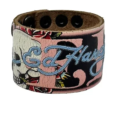 Ed Hardy Leather Belt Cuff Bracelet Pink Black Skull Vintage Y2K • $35