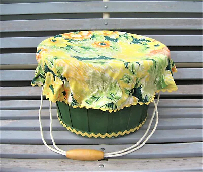 Vintage Bushel Basket With 6-Pocket Liner Fabric Cover Wood Handle • $26.50