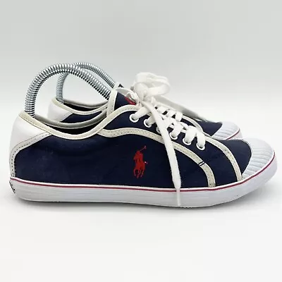 Polo Ralph Lauren Sneakers Shoes Women's Sz 7 B Blue Navy Red Canvas Tennis Deck • $24.95