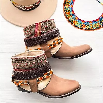 £272.25 • Buy SANCHO Leather Aztec Wrap Ankle Boots BROWN Boho Size 40 US 9.5-10