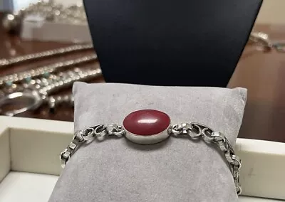 925 Silver Old Pawn Red Coral Oval Bracelet 25.4G 7” Rare Estate Found • $100