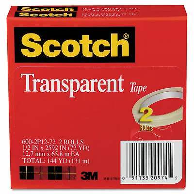 Scotch Transparent Tape 600 2P12 72 1/2  X 2592  3  Core Transparent 2/Pack • $12.94