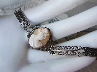 Vintage 800 Silver Filigree Metal Carved Shell CAMEO Bracelet • $10.50