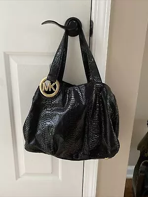 Michael Kors Black Python Embossed Fulton Shoulder Bag Handbag • $25.99