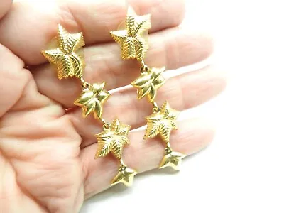 Signed Monet Textured Gold Tone Graduated Star Dangle Pierced Earrings Vintage • $15.97