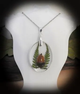 Handmade Real Acorn & Fern Flower Necklace Resin Pendant Botanical Gift • £14.99