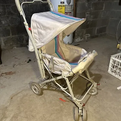 Vintage Graco Stroll A Bed Stroller Blue White Pink Striped Pram One Hand Fold • $209.99