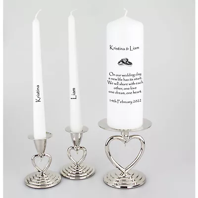 Personalised Wedding Unity Candle Set Featuring Entwined Rings Gold Or Silver • £18.95