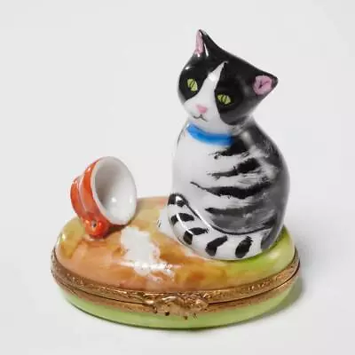 Limoges France Peint Main Hand Painted Spilt Milk Cat Porcelain Box • $90