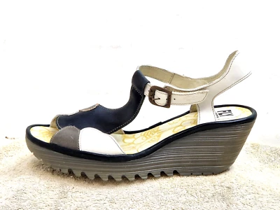 £23.97 • Buy Fly London Yila Ladies Wedge Sandals NEW Leather Grey/White/Black UK 6 EU 39