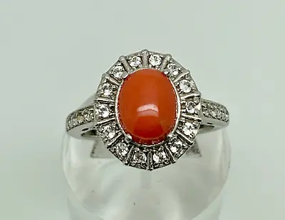 Modern Sterling Silver Natural Coral White Topaz Art Deco Style Ring Size N 1/2 • $37.32