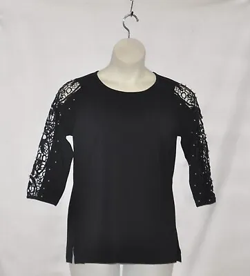 Quacker Factory Lace Sleeve Knit Top With Faux Pearl Detail Size S Black • $16.79