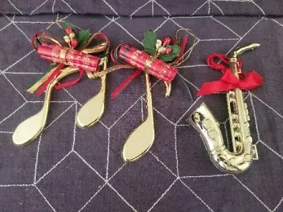 Music Notes Music Scroll  Saxophone Holly Christmas Ornaments Set Of 3 • $14.98