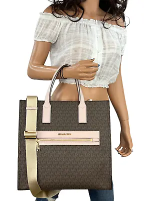 Michael Kors Kenly Large Ns Tote Satchel Bag Pvc Leather Mk Brown Pink • $199