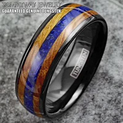 Black Tungsten Carbide Mens Ring Blue Lapis Lazuli & Whiskey Barrel Wedding Band • $19.99