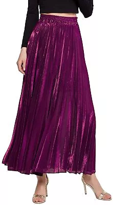 Women's Premium Metallic Shiny Shimmer Accordion Pleated Long Maxi Skirt Purple • $12.99