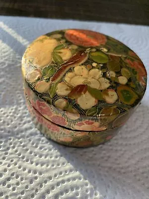 Vintage Floral Hand Painted Kashmiri Lacquered Paper Mache Trinket Box India • $11.99