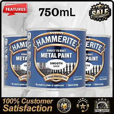 3x Hammerite Direct To Rust Metal Paint - Smooth White Finish 750ML • £81.59