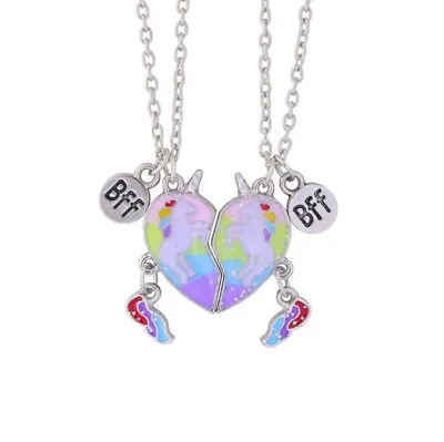 Broken Heart Best Friend 2 Pcs Unicorn Colourful Friendship Necklace Chain Gift • £5.49