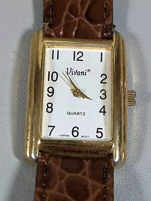 Vivani White Dial Gold Tone Rectangle Case Brown Leather Band Watch • $17.49