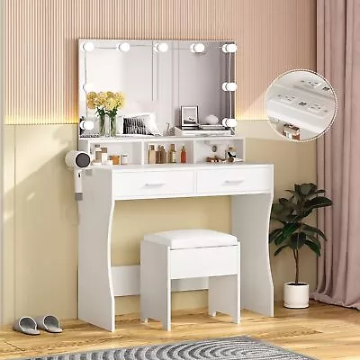 Makeup Vanity With Lighted Mirror & Power Outlet White Vanity Set Vanity Desk • $139.49