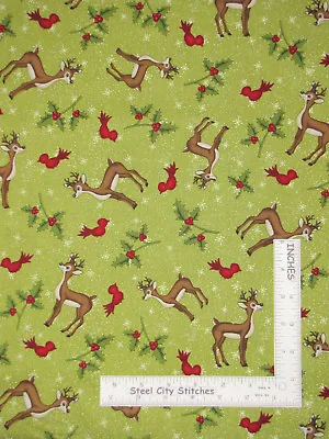 Christmas Reindeer Magic Holly Snowflake Green Cotton Fabric HG&Co 1.7 Yards • $16.65