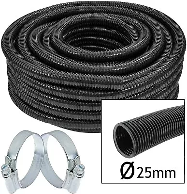 Flexible Corrugated Hose Pipe Tube For Water Air Dust + 2 Clamp Clips 25mm X 10m • £21.99