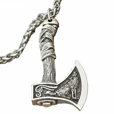 Mens Norse Viking Wolf Raven Axe Pendant Necklace Jewelry Stainless Steel • $8.88