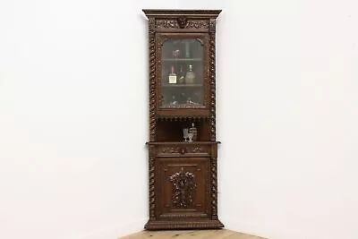 Black Forest Antique Carved Oak Corner Bar Display Cabinet #48683 • $2450