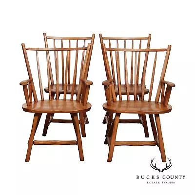 Hunt Country Furniture Rustic Oak Set Of Four Windsor Dining Chairs • $1095