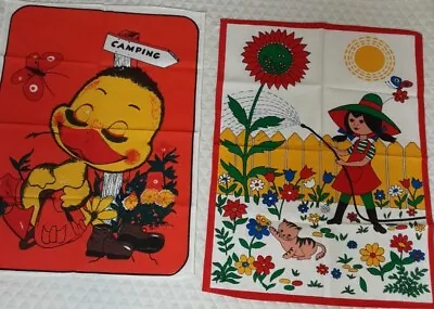 2 Vintage Kitchen Towels Camping Duck Girl In The Flower Garden With Cat  • $45