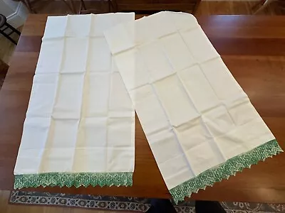 Vintage Pair Percale Cotton Standard Pillowcases Green Crochet Trim 33 X20  • $6.50