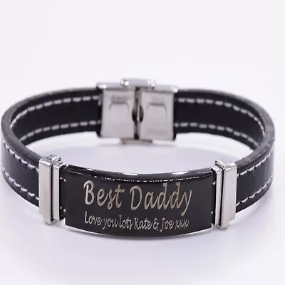 Engraved Personalised Medical Mens Leather Bracelet ID Birthday Fathers Day Gift • £4.99