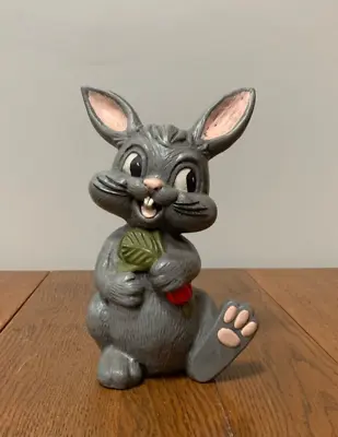 Ceramic 10  Gray Rabbit Holding Red Radish Garden Statue Figurine • $24
