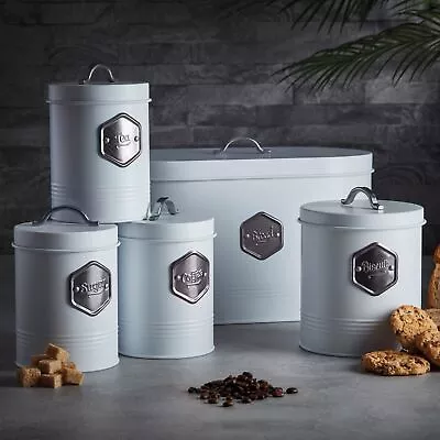 Kitchen Storage Canister Jar Storage Set Bread Bin Sugar Tea Coffee White Silver • £39.99