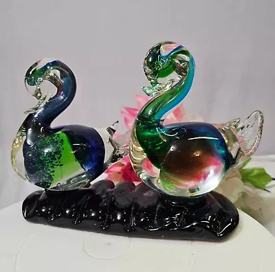 Murano 2 Mandarin Duck Glass Figurine W Green Blue Fleck Black Base- Heavy 86oz • £386.04