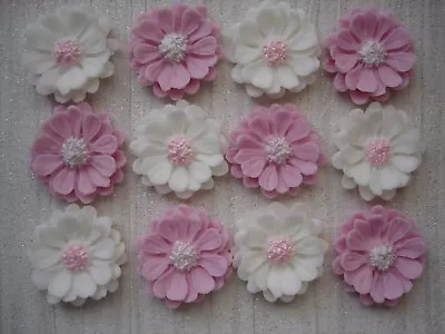 12 Edible Baby Pink & White Flowers Fondant Cupcake Toppers Wedding Birthday • £6.70