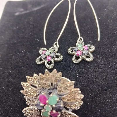 Sterling Silver Multi Marcasite Ring Earing Set Size 8 Flower Vintage Statement  • $129